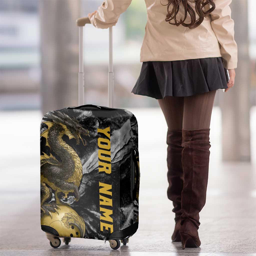 Golden Dragon and Bowling Ball Design Luggage Cover with Marble Stone Texture and Custom Team Name Text - Wonder Print Shop