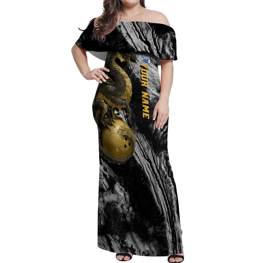 Golden Dragon and Bowling Ball Design Off Shoulder Maxi Dress with Marble Stone Texture and Custom Team Name Text - Wonder Print Shop