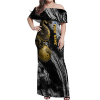 Golden Dragon and Bowling Ball Design Off Shoulder Maxi Dress with Marble Stone Texture and Custom Team Name Text - Wonder Print Shop