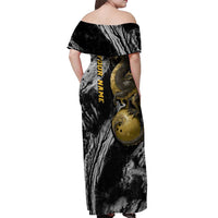 Golden Dragon and Bowling Ball Design Off Shoulder Maxi Dress with Marble Stone Texture and Custom Team Name Text - Wonder Print Shop