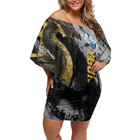 Golden Dragon and Bowling Ball Design Off Shoulder Short Dress with Marble Stone Texture and Custom Team Name Text - Wonder Print Shop