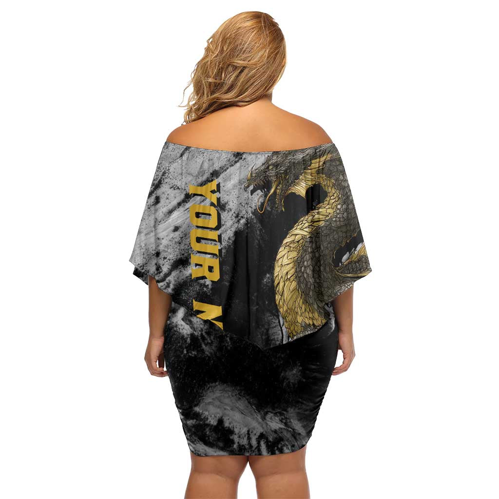 Golden Dragon and Bowling Ball Design Off Shoulder Short Dress with Marble Stone Texture and Custom Team Name Text - Wonder Print Shop