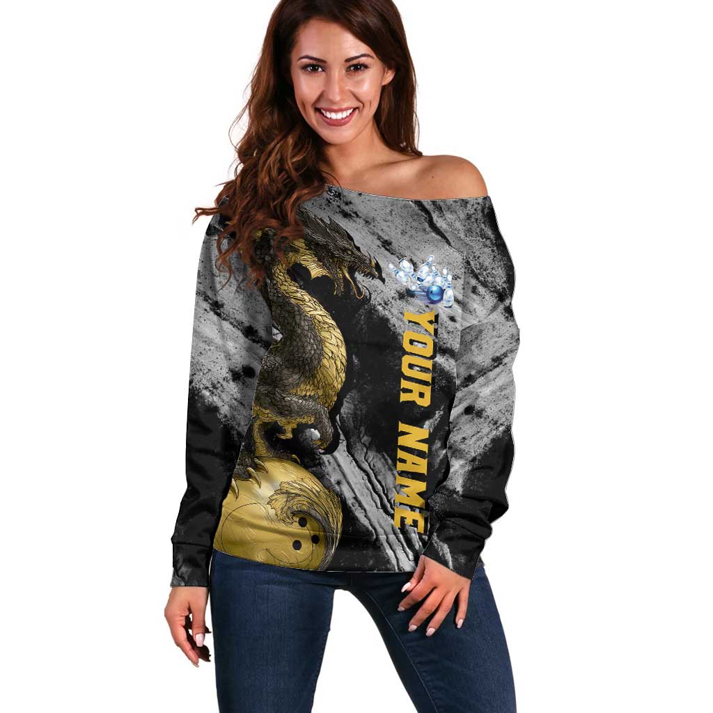 Golden Dragon and Bowling Ball Design Off Shoulder Sweater with Marble Stone Texture and Custom Team Name Text - Wonder Print Shop