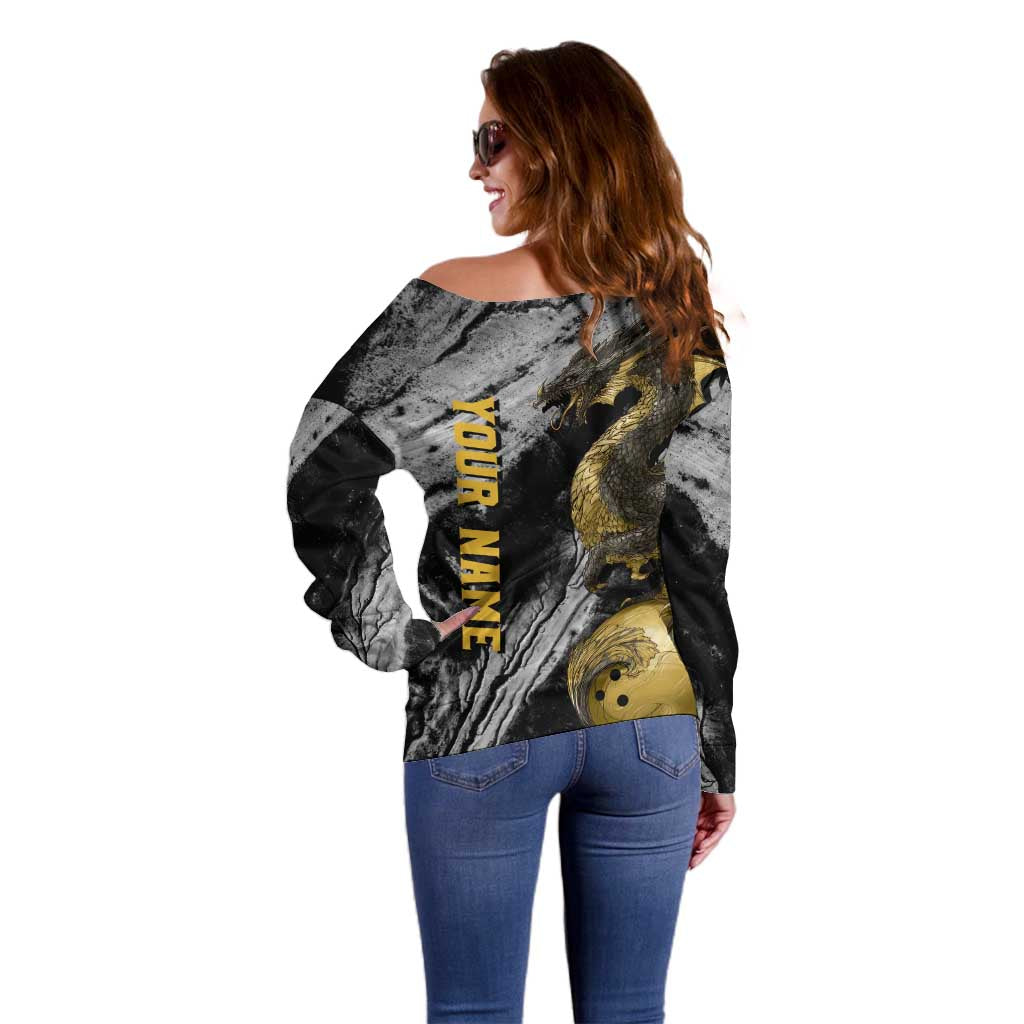 Golden Dragon and Bowling Ball Design Off Shoulder Sweater with Marble Stone Texture and Custom Team Name Text - Wonder Print Shop