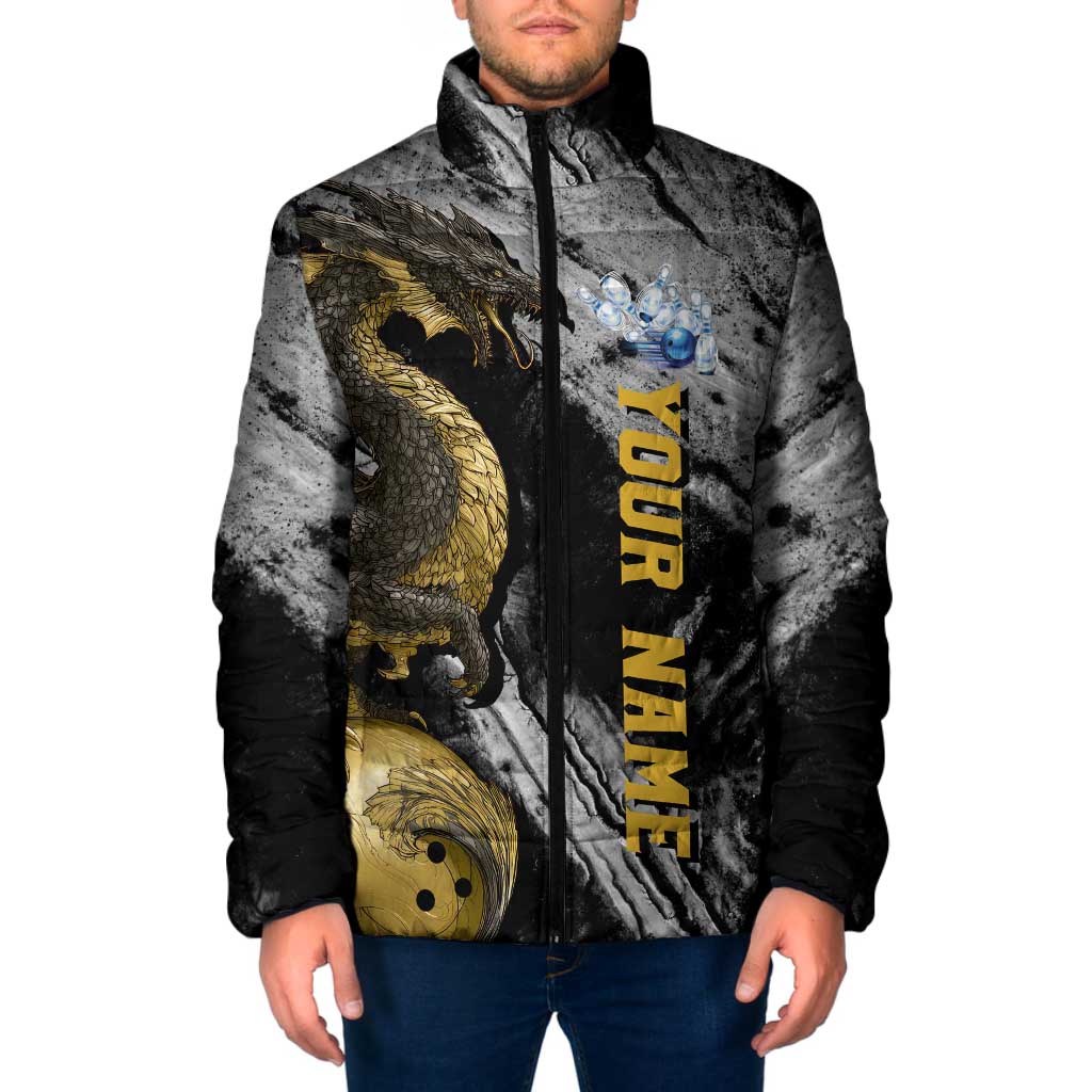 Golden Dragon and Bowling Ball Design Padded Jacket with Marble Stone Texture and Custom Team Name Text - Wonder Print Shop