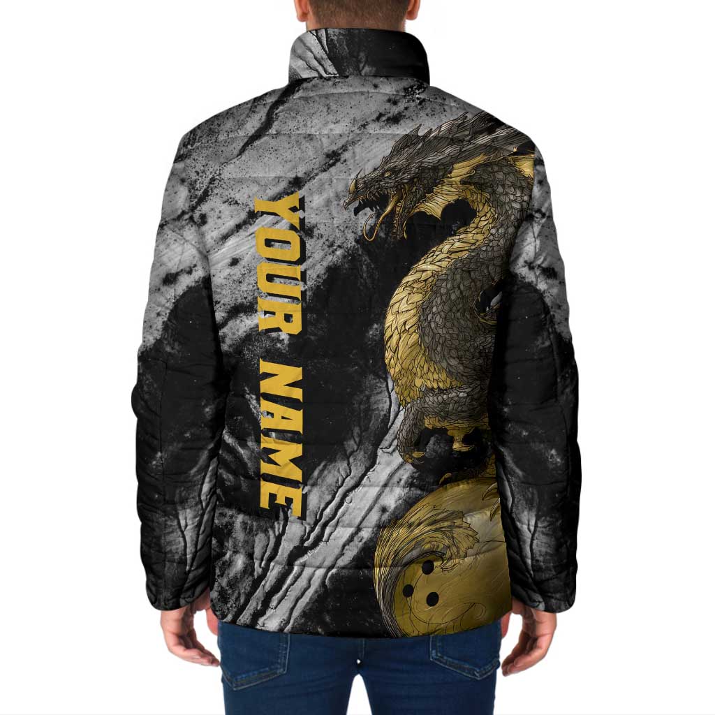 Golden Dragon and Bowling Ball Design Padded Jacket with Marble Stone Texture and Custom Team Name Text - Wonder Print Shop