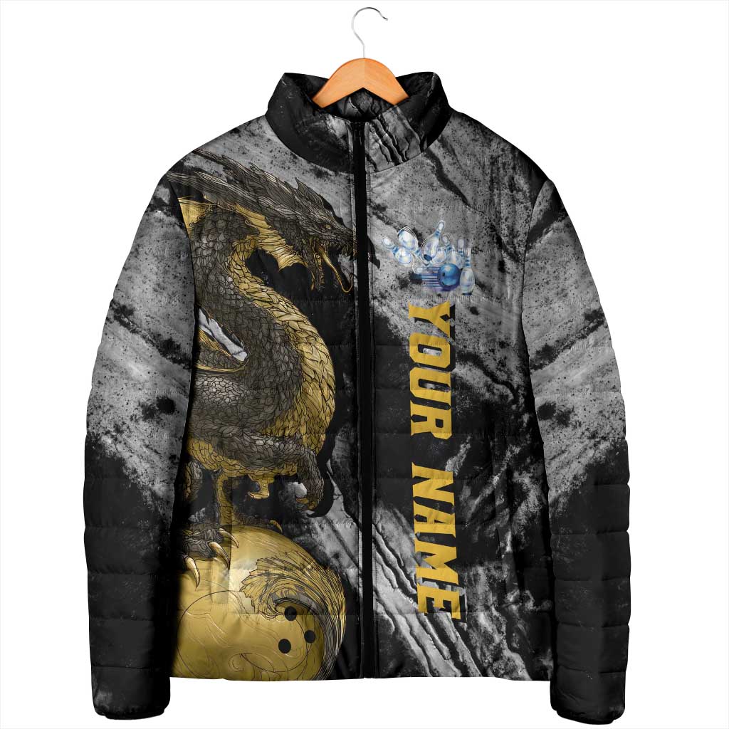 Golden Dragon and Bowling Ball Design Padded Jacket with Marble Stone Texture and Custom Team Name Text - Wonder Print Shop