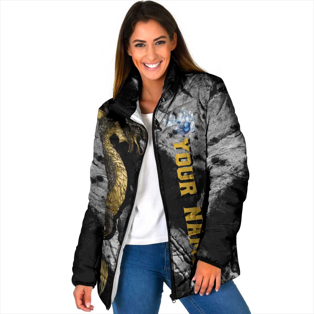 Golden Dragon and Bowling Ball Design Padded Jacket with Marble Stone Texture and Custom Team Name Text - Wonder Print Shop