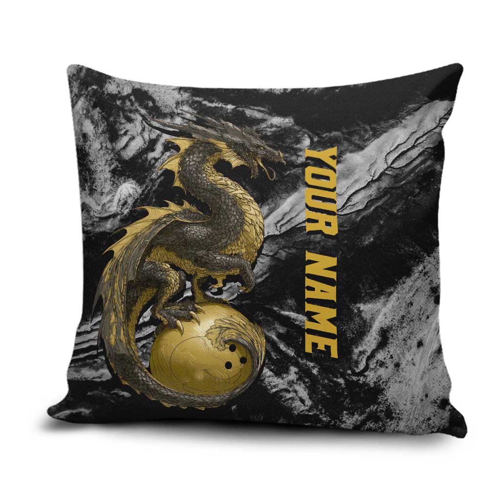 Golden Dragon and Bowling Ball Design Pillow Cover with Marble Stone Texture and Custom Team Name Text - Wonder Print Shop
