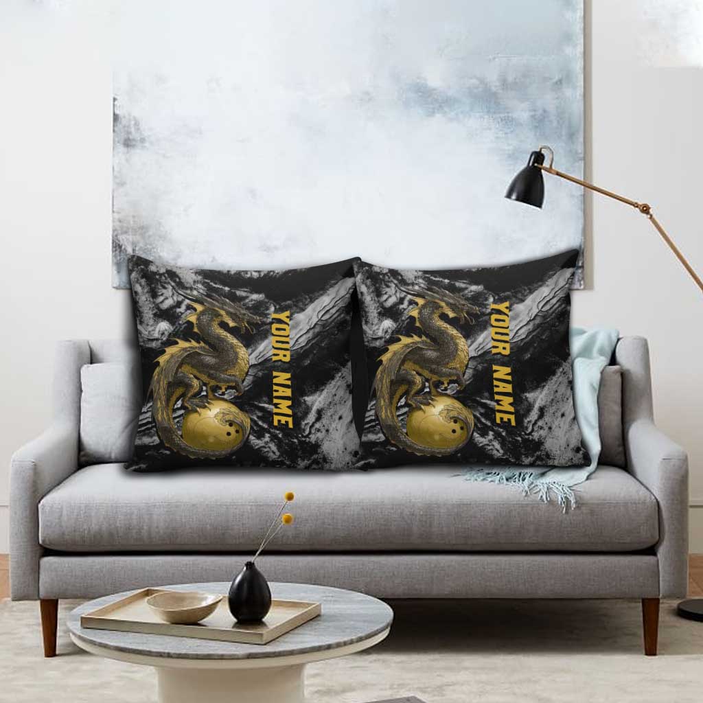 Golden Dragon and Bowling Ball Design Pillow Cover with Marble Stone Texture and Custom Team Name Text - Wonder Print Shop
