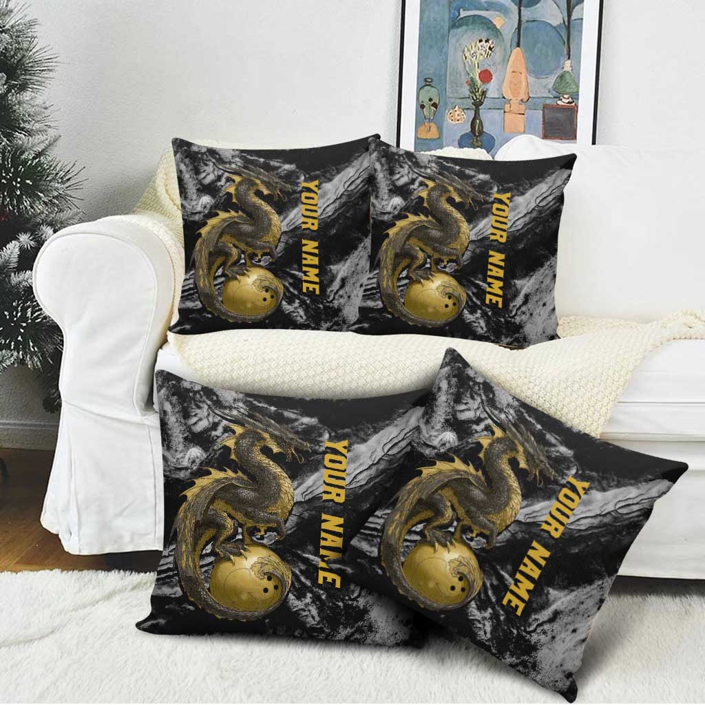 Golden Dragon and Bowling Ball Design Pillow Cover with Marble Stone Texture and Custom Team Name Text - Wonder Print Shop