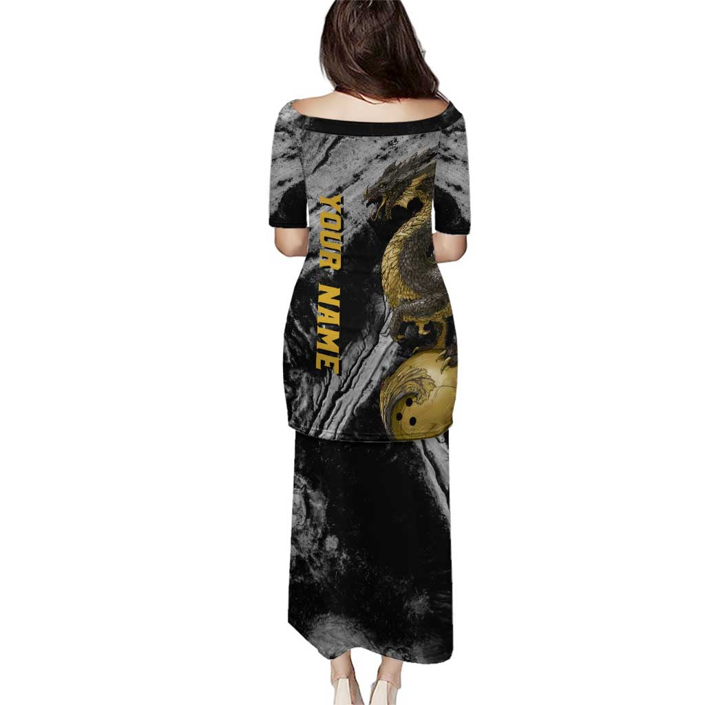 Golden Dragon and Bowling Ball Design Puletasi with Marble Stone Texture and Custom Team Name Text - Wonder Print Shop