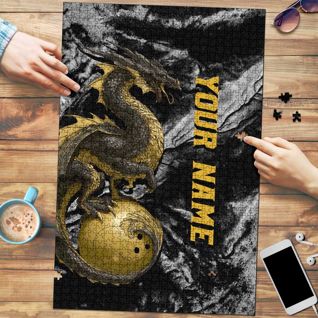 Golden Dragon and Bowling Ball Design Puzzle with Marble Stone Texture and Custom Team Name Text - Wonder Print Shop