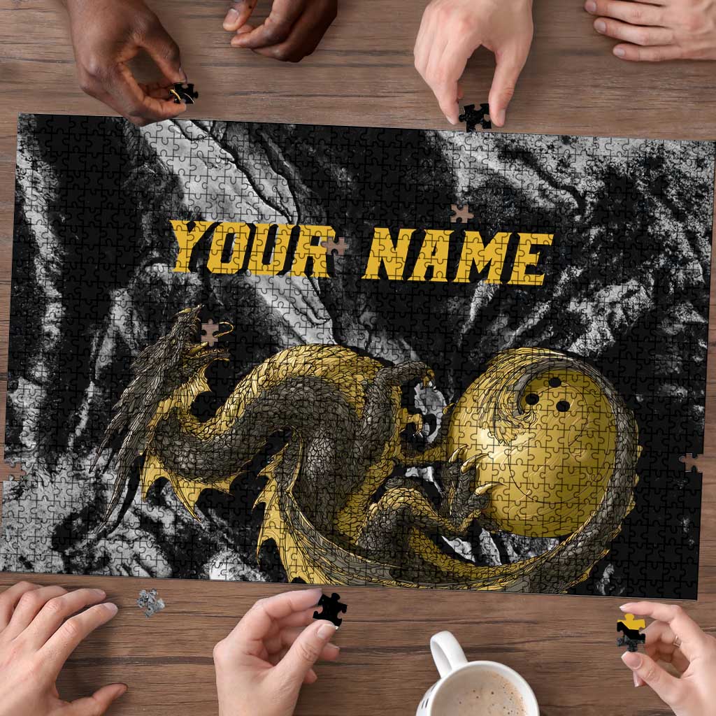 Golden Dragon and Bowling Ball Design Puzzle with Marble Stone Texture and Custom Team Name Text - Wonder Print Shop