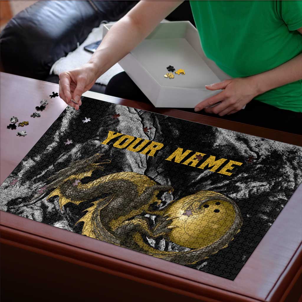 Golden Dragon and Bowling Ball Design Puzzle with Marble Stone Texture and Custom Team Name Text - Wonder Print Shop