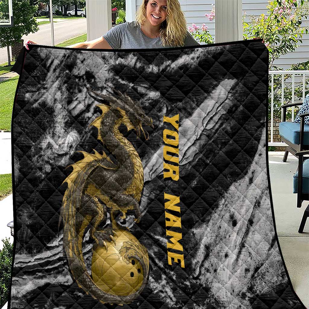 Golden Dragon and Bowling Ball Design Quilt with Marble Stone Texture and Custom Team Name Text - Wonder Print Shop