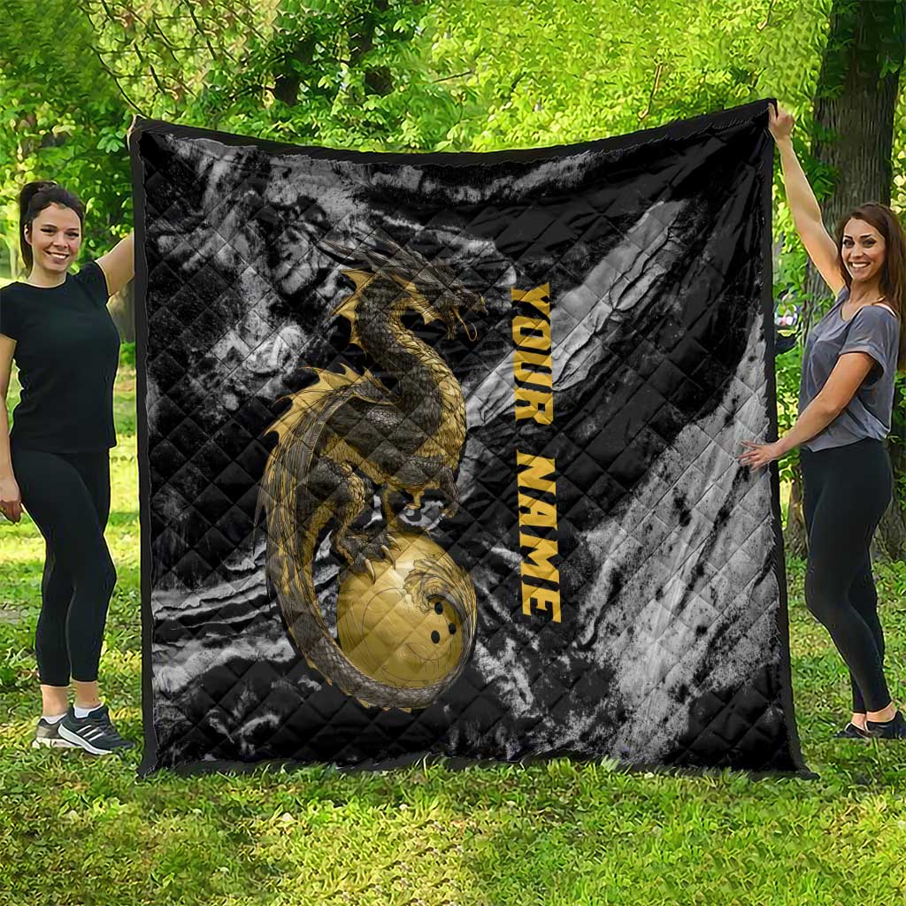 Golden Dragon and Bowling Ball Design Quilt with Marble Stone Texture and Custom Team Name Text - Wonder Print Shop