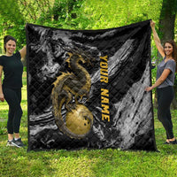 Golden Dragon and Bowling Ball Design Quilt with Marble Stone Texture and Custom Team Name Text - Wonder Print Shop