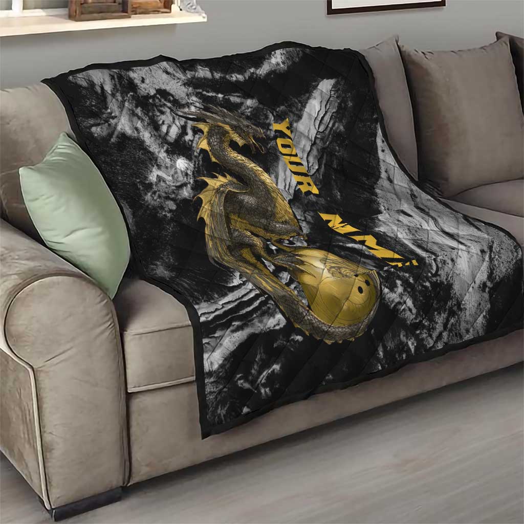 Golden Dragon and Bowling Ball Design Quilt with Marble Stone Texture and Custom Team Name Text - Wonder Print Shop