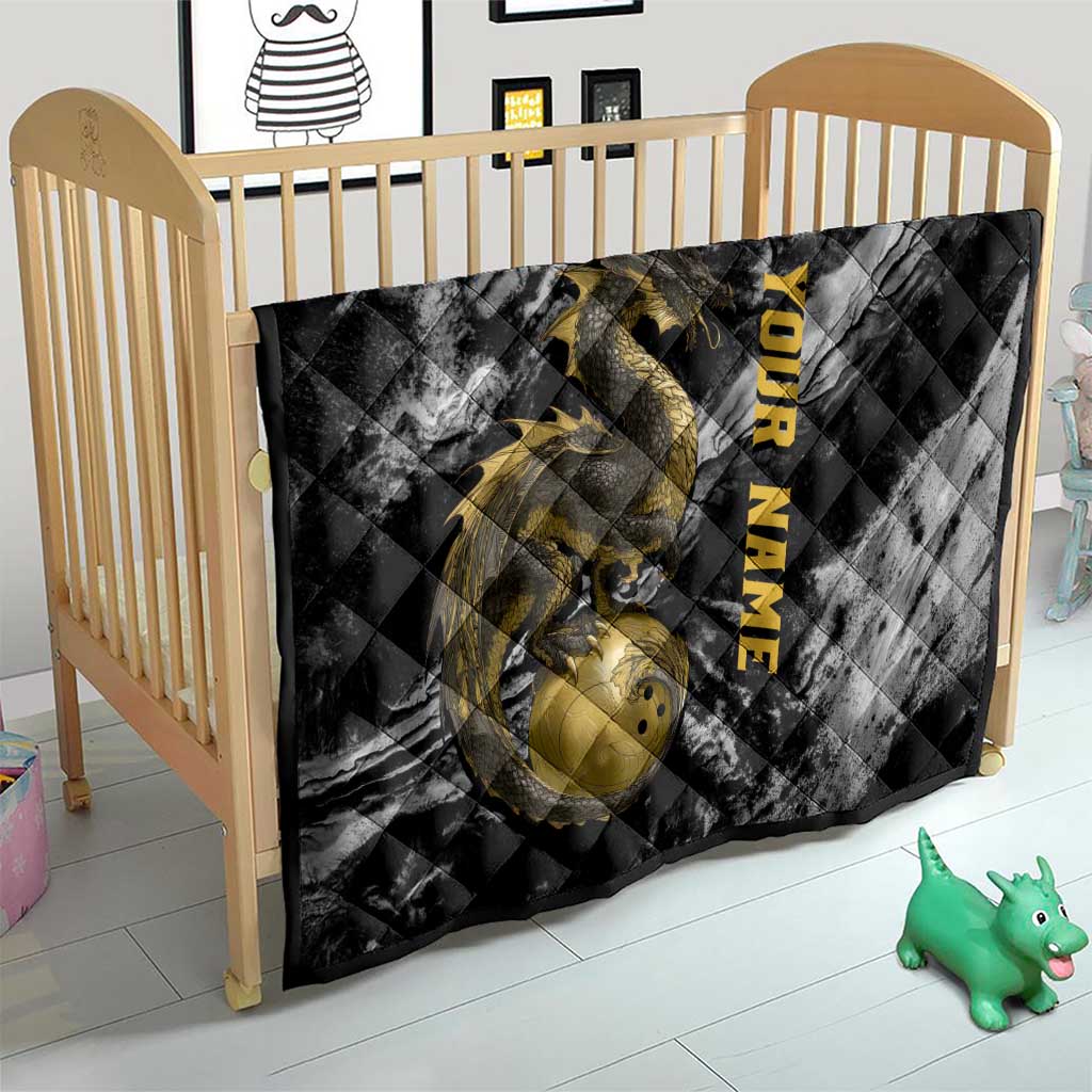 Golden Dragon and Bowling Ball Design Quilt with Marble Stone Texture and Custom Team Name Text - Wonder Print Shop