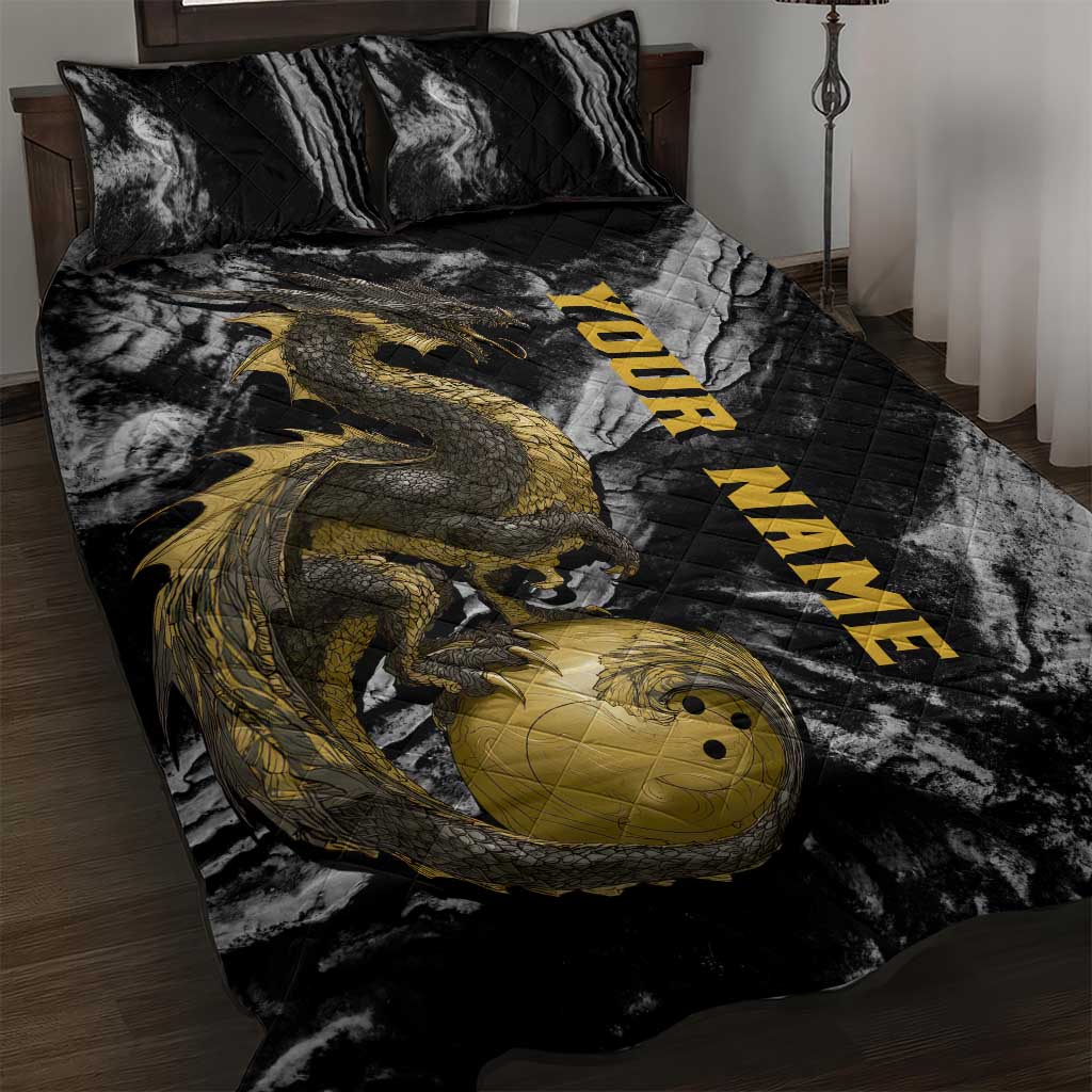 Golden Dragon and Bowling Ball Design Quilt Bed Set with Marble Stone Texture and Custom Team Name Text - Wonder Print Shop