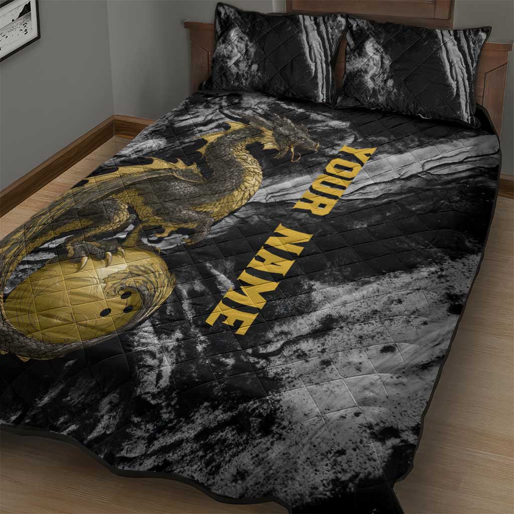 Golden Dragon and Bowling Ball Design Quilt Bed Set with Marble Stone Texture and Custom Team Name Text - Wonder Print Shop