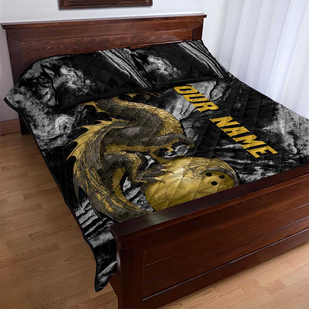 Golden Dragon and Bowling Ball Design Quilt Bed Set with Marble Stone Texture and Custom Team Name Text - Wonder Print Shop