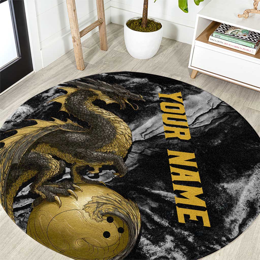 Golden Dragon and Bowling Ball Design Round Carpet with Marble Stone Texture and Custom Team Name Text - Wonder Print Shop