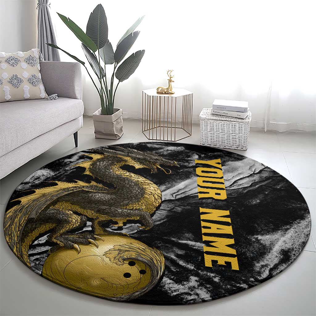 Golden Dragon and Bowling Ball Design Round Carpet with Marble Stone Texture and Custom Team Name Text - Wonder Print Shop