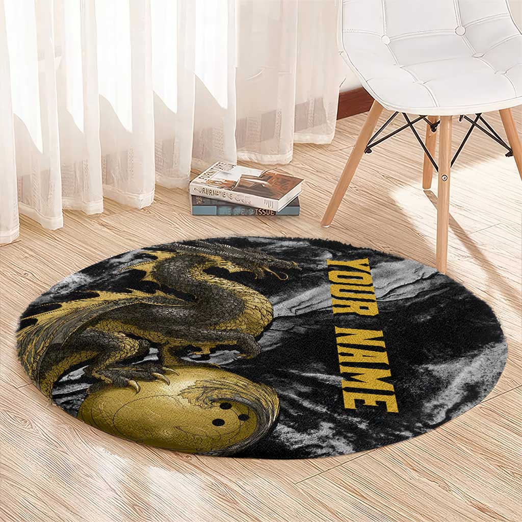 Golden Dragon and Bowling Ball Design Round Carpet with Marble Stone Texture and Custom Team Name Text - Wonder Print Shop