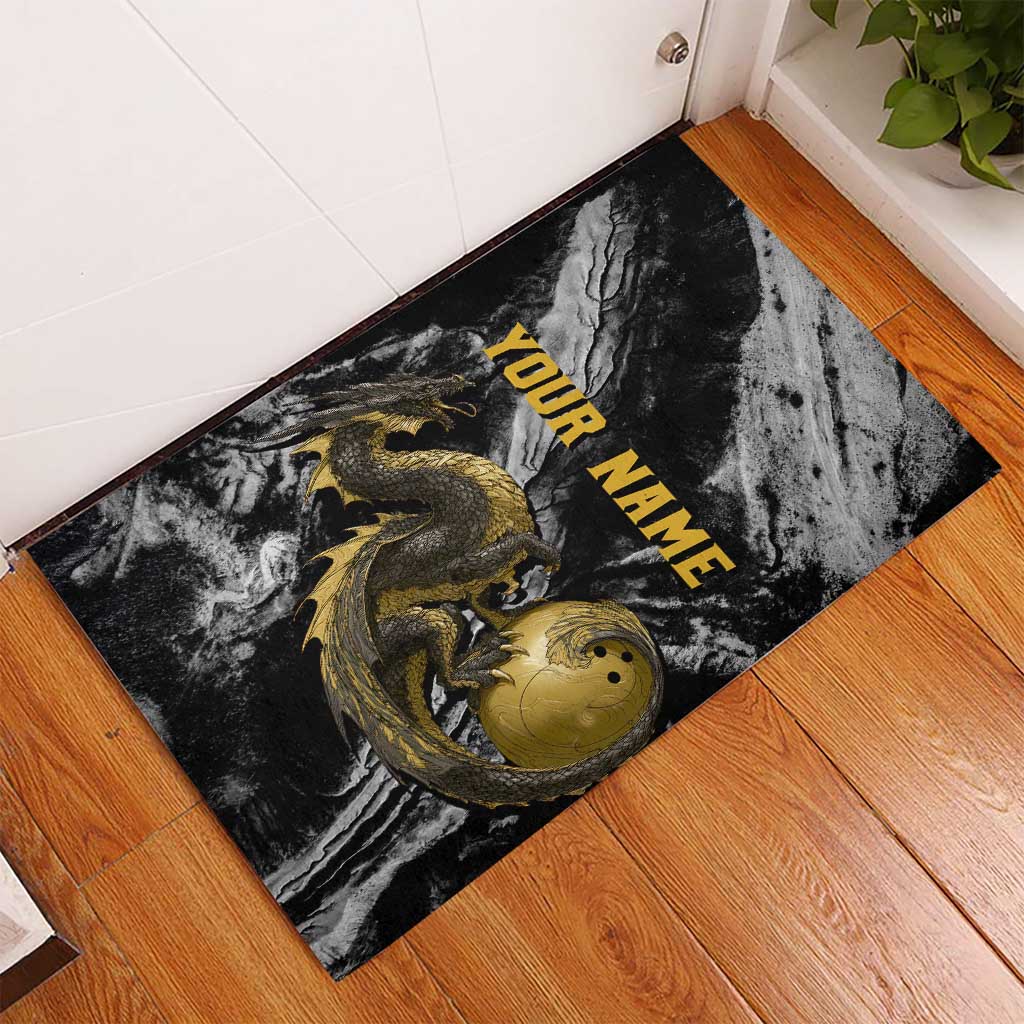 Golden Dragon and Bowling Ball Design Rubber Doormat with Marble Stone Texture and Custom Team Name Text - Wonder Print Shop