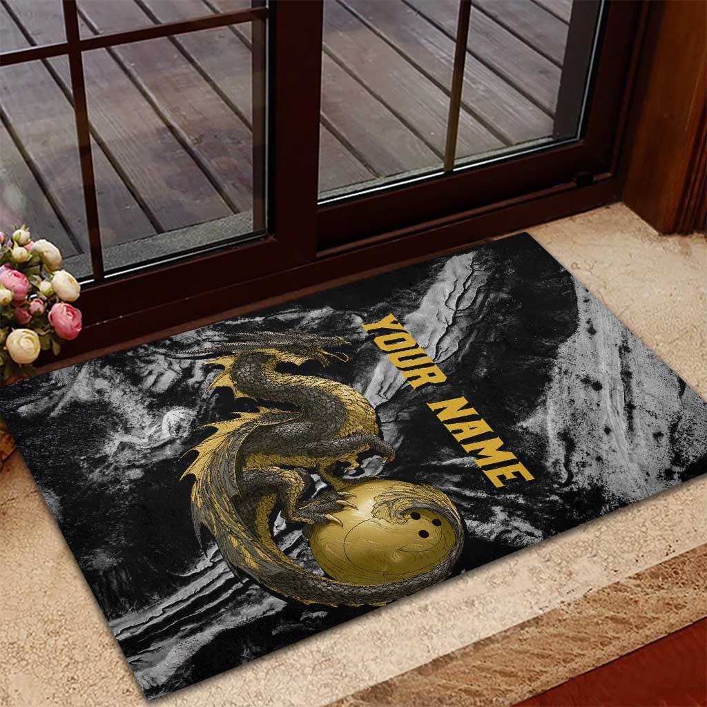Golden Dragon and Bowling Ball Design Rubber Doormat with Marble Stone Texture and Custom Team Name Text - Wonder Print Shop