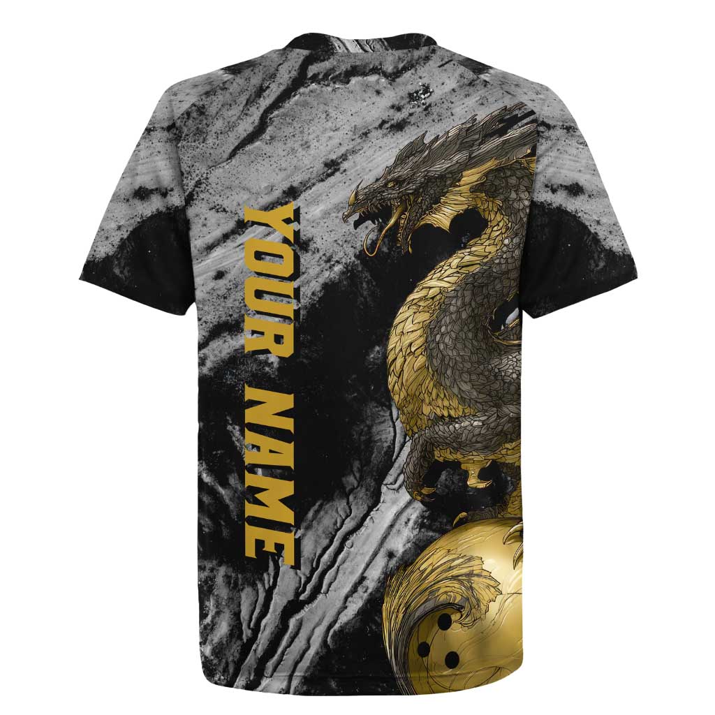 Golden Dragon and Bowling Ball Design Rugby Jersey with Marble Stone Texture and Custom Team Name Text - Wonder Print Shop