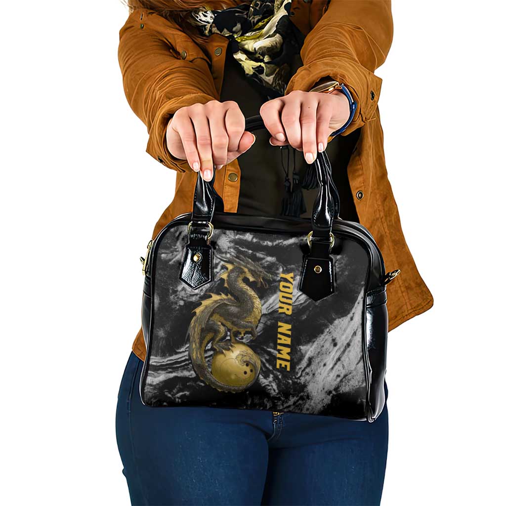 Golden Dragon and Bowling Ball Design Shoulder Handbag with Marble Stone Texture and Custom Team Name Text - Wonder Print Shop