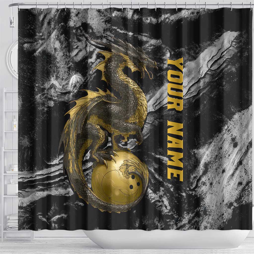 Golden Dragon and Bowling Ball Design Shower Curtain with Marble Stone Texture and Custom Team Name Text - Wonder Print Shop