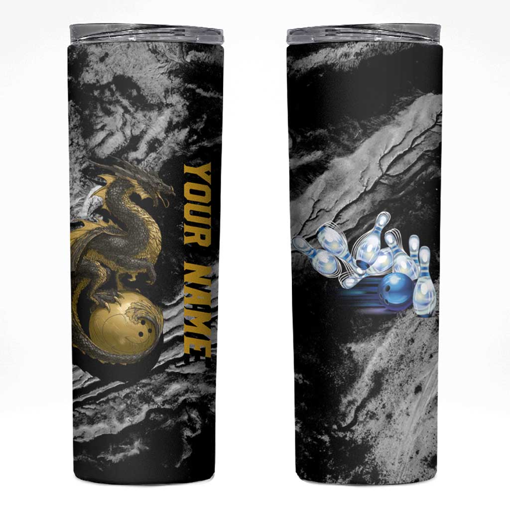 Golden Dragon and Bowling Ball Design Skinny Tumbler with Marble Stone Texture and Custom Team Name Text - Wonder Print Shop