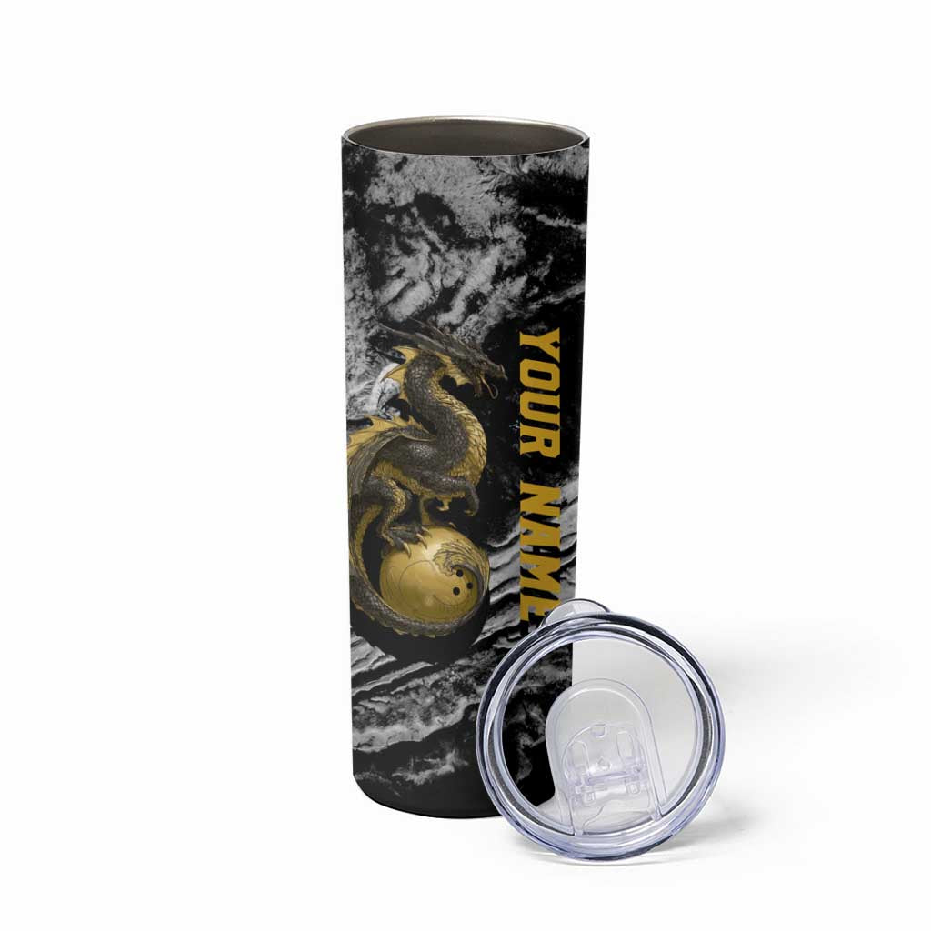 Golden Dragon and Bowling Ball Design Skinny Tumbler with Marble Stone Texture and Custom Team Name Text - Wonder Print Shop
