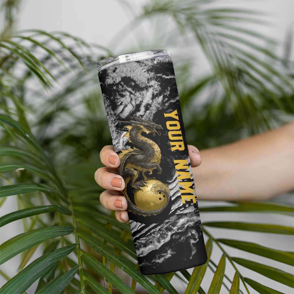 Golden Dragon and Bowling Ball Design Skinny Tumbler with Marble Stone Texture and Custom Team Name Text - Wonder Print Shop