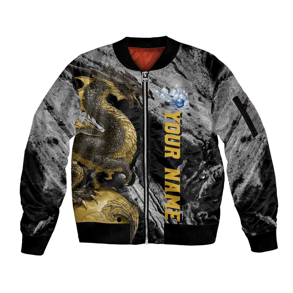 Golden Dragon and Bowling Ball Design Sleeve Zip Bomber Jacket with Marble Stone Texture and Custom Team Name Text - Wonder Print Shop
