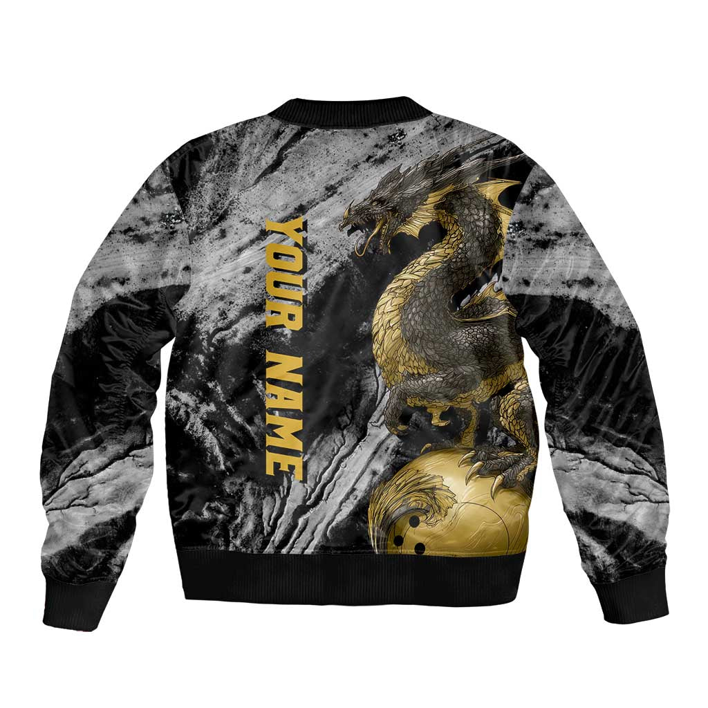 Golden Dragon and Bowling Ball Design Sleeve Zip Bomber Jacket with Marble Stone Texture and Custom Team Name Text - Wonder Print Shop