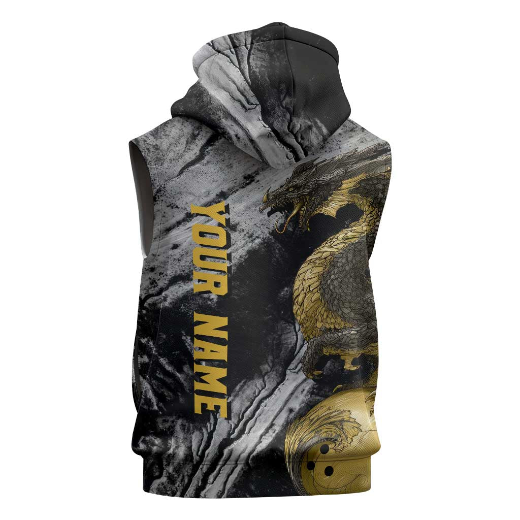 Golden Dragon and Bowling Ball Design Sleeveless Hoodie with Marble Stone Texture and Custom Team Name Text - Wonder Print Shop