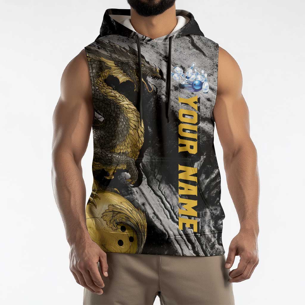 Golden Dragon and Bowling Ball Design Sleeveless Hoodie with Marble Stone Texture and Custom Team Name Text - Wonder Print Shop