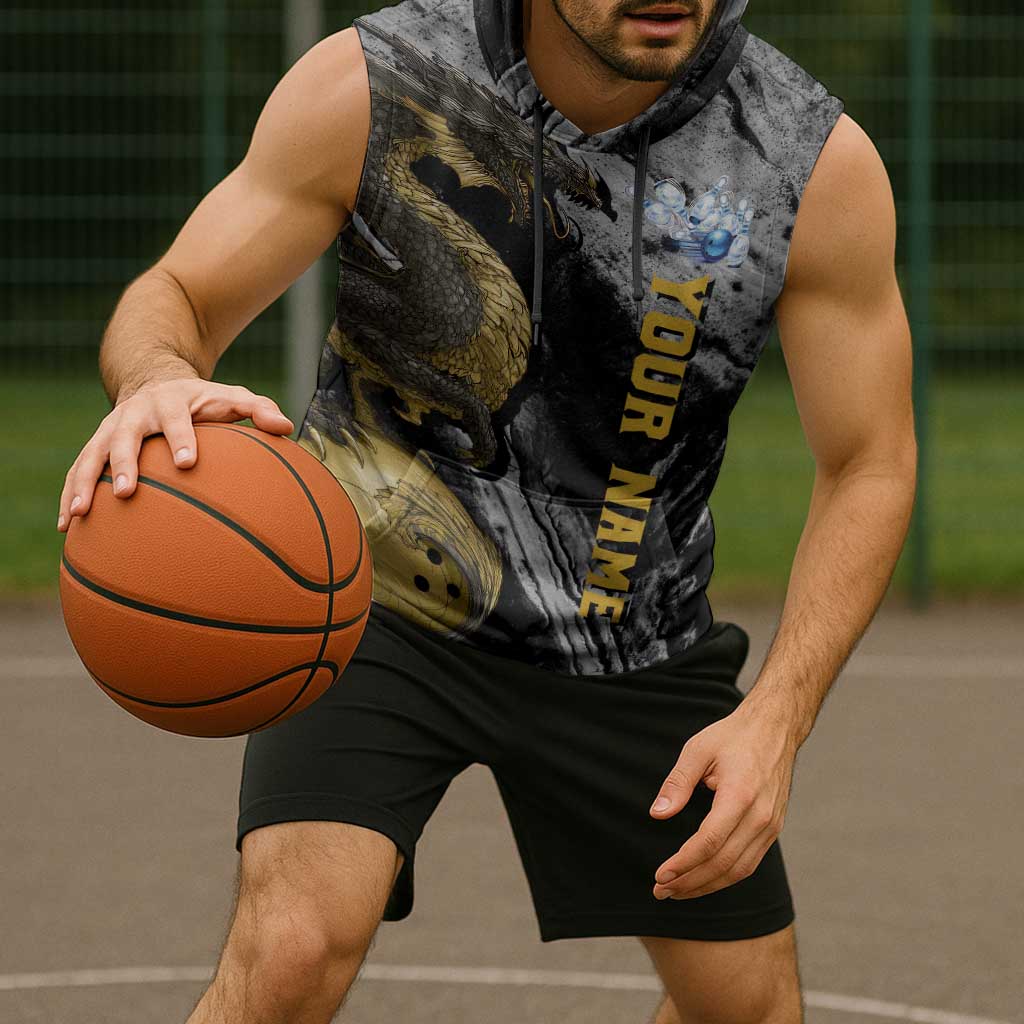 Golden Dragon and Bowling Ball Design Sleeveless Hoodie with Marble Stone Texture and Custom Team Name Text - Wonder Print Shop