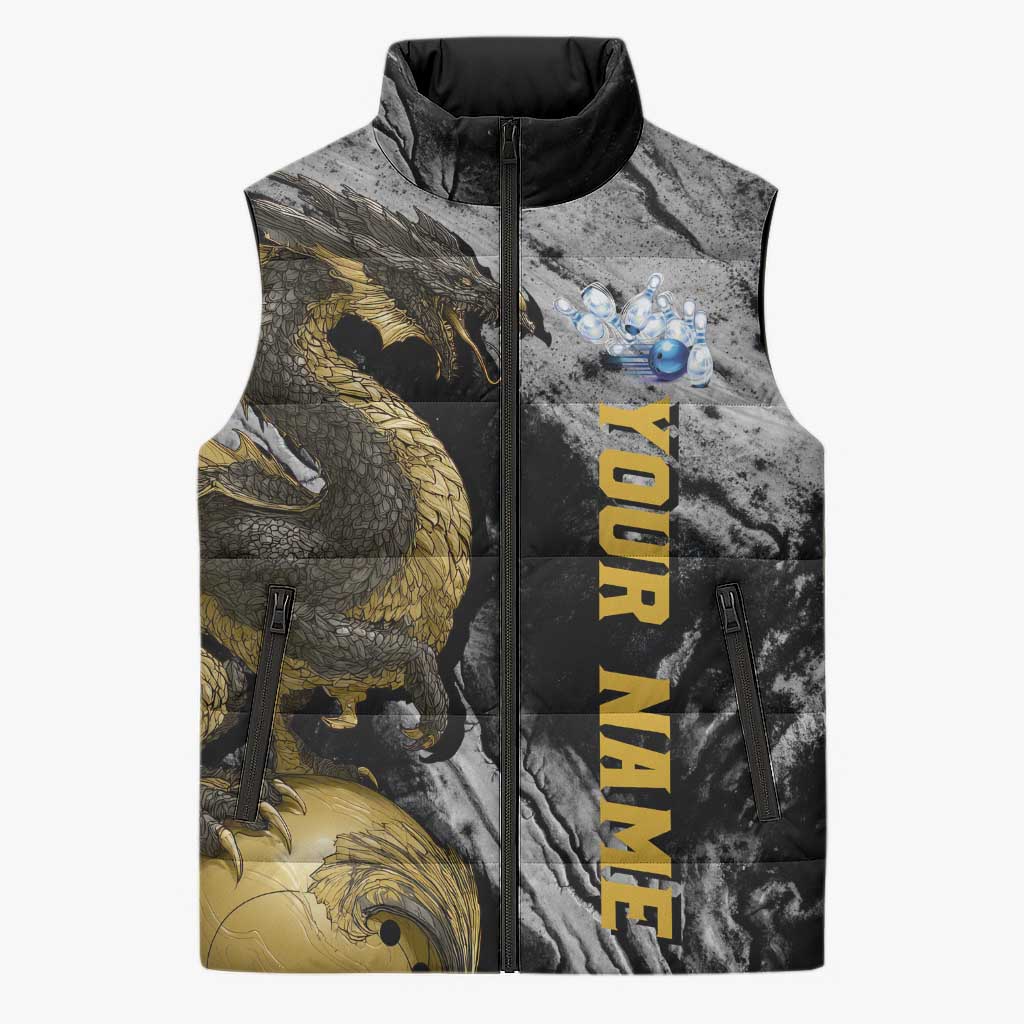 Golden Dragon and Bowling Ball Design Sleeveless Puffer Jacket with Marble Stone Texture and Custom Team Name Text - Wonder Print Shop