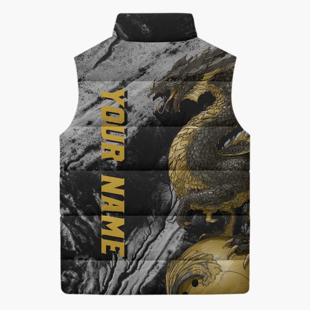 Golden Dragon and Bowling Ball Design Sleeveless Puffer Jacket with Marble Stone Texture and Custom Team Name Text - Wonder Print Shop