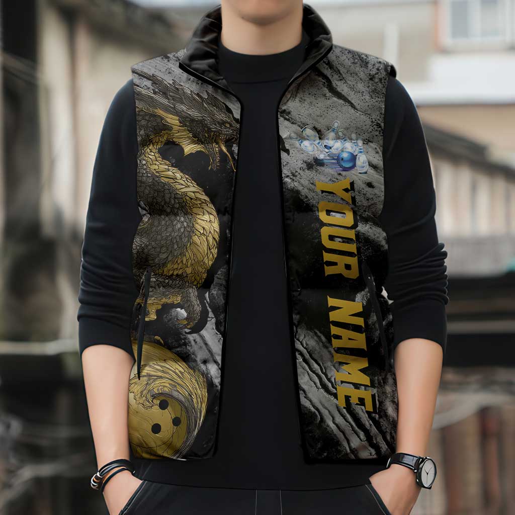 Golden Dragon and Bowling Ball Design Sleeveless Puffer Jacket with Marble Stone Texture and Custom Team Name Text - Wonder Print Shop