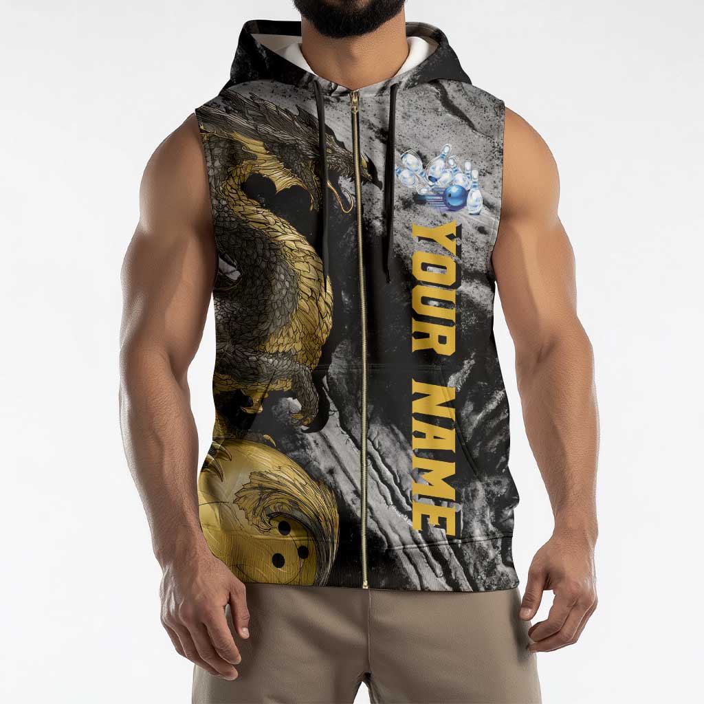 Golden Dragon and Bowling Ball Design Sleeveless Zip Hoodie with Marble Stone Texture and Custom Team Name Text - Wonder Print Shop