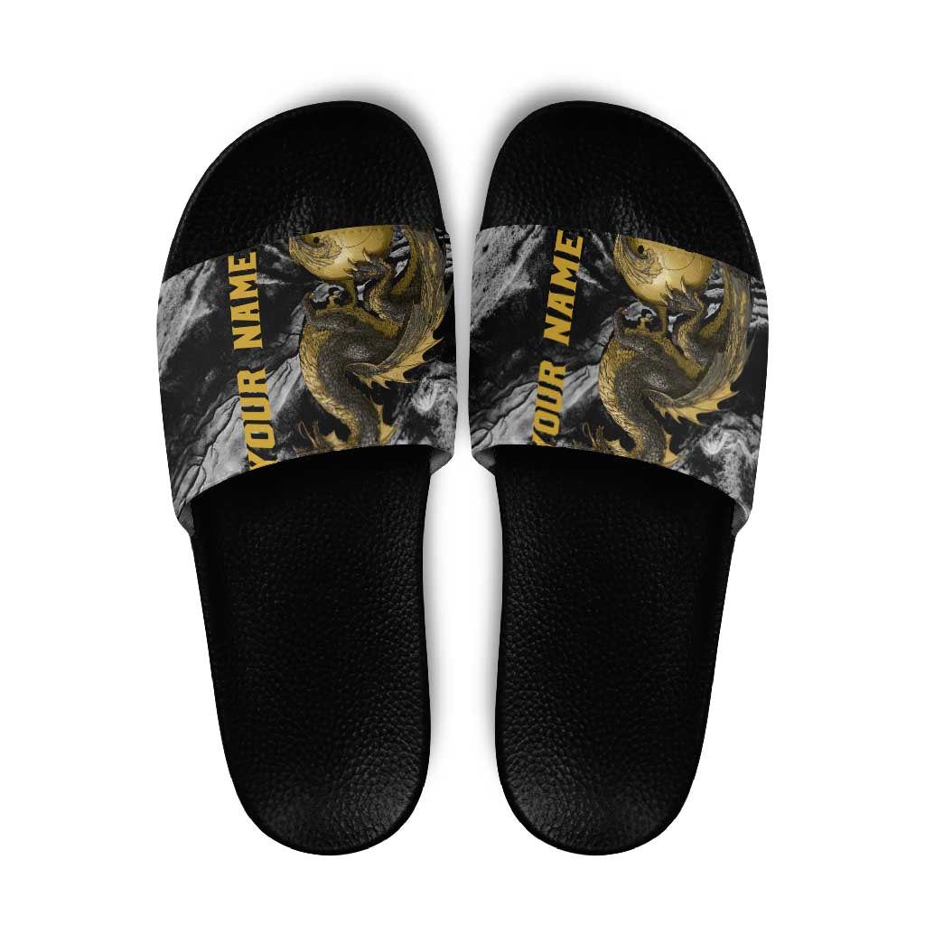 Golden Dragon and Bowling Ball Design Slide Sandals with Marble Stone Texture and Custom Team Name Text - Wonder Print Shop