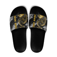 Golden Dragon and Bowling Ball Design Slide Sandals with Marble Stone Texture and Custom Team Name Text - Wonder Print Shop