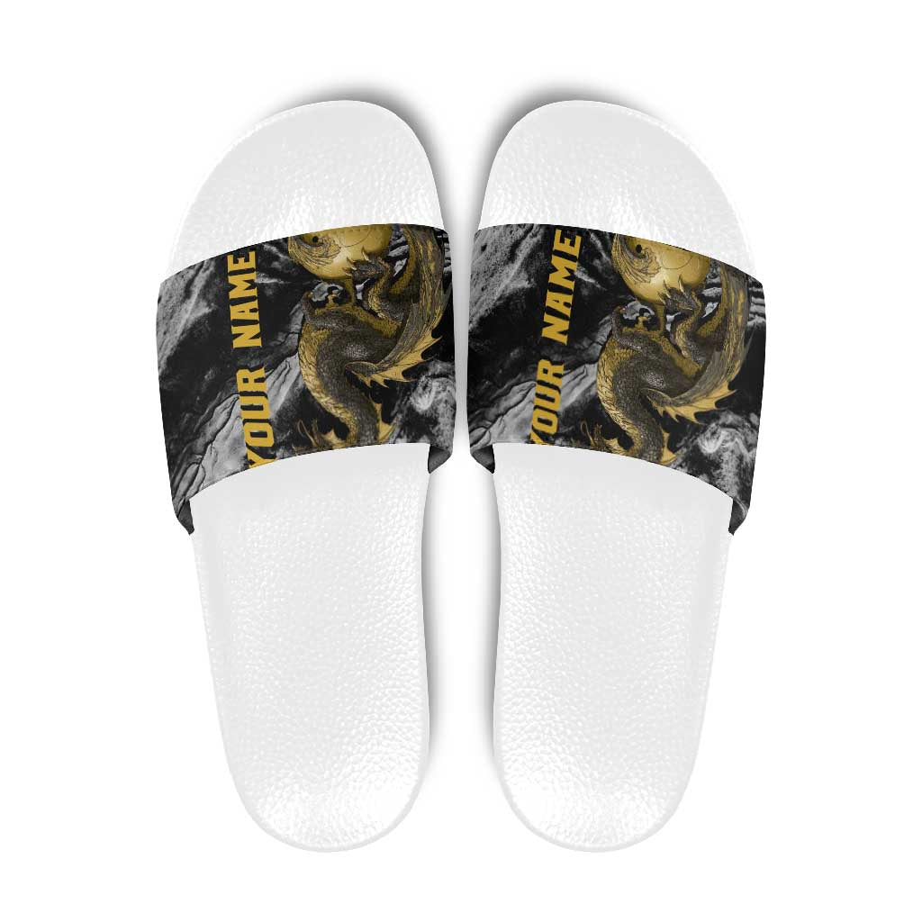 Golden Dragon and Bowling Ball Design Slide Sandals with Marble Stone Texture and Custom Team Name Text - Wonder Print Shop
